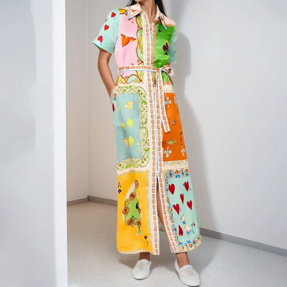 ZARA Resort Lapel Collar Waisted Short Sleeve Printed Long Dress